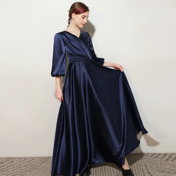 Elegant Navy Blue Satin Birthday Flower Girl Dresses Party Dresses 2021 A-Line / Princess V-Neck 1/2 Sleeves Floor-Length / Long Flower Girl Dresses