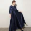 Elegant Navy Blue Satin Birthday Flower Girl Dresses Party Dresses 2021 A-Line / Princess V-Neck 1/2 Sleeves Floor-Length / Long Flower Girl Dresses