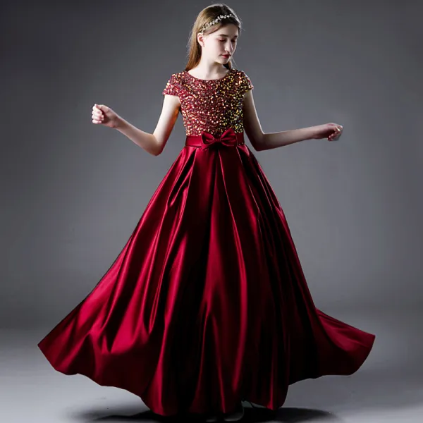 Charming Burgundy Party Dresses Flower Girl Dresses 2021 A Line Princess Scoop Neck Satin Short Sleeve Bow Sash Sequins Birthday Floor Length Long Flower Girl Dresses