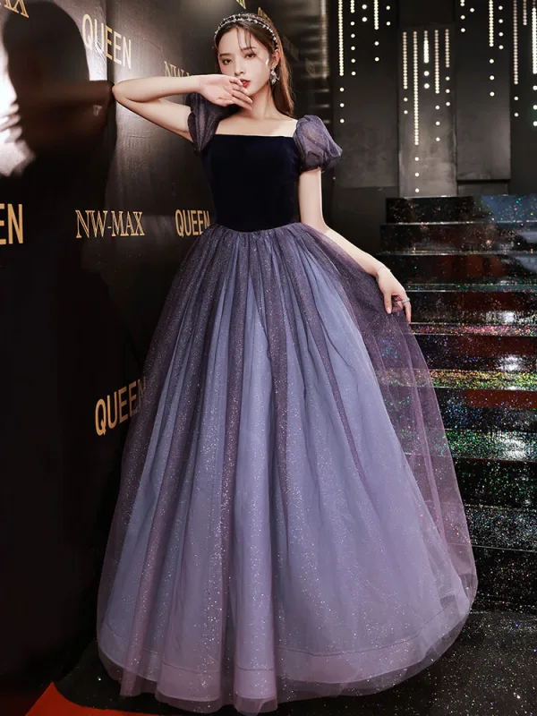 Charmant Bleu Marine Glitter Paillettes Robe De Bal 2021 Princesse Encolure Carrée Gonflée Manches Courtes Dos Nu Longue Robe De Ceremonie