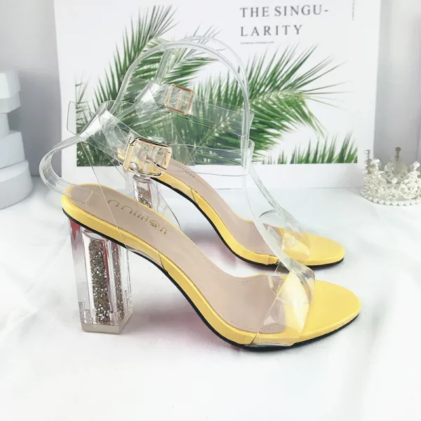 Sexy Transparent Ocean Blue Crystal Womens Sandals 2021 Street Wear Ankle Strap 10 cm Stiletto Heels Open / Peep Toe Womens Sandals High Heels