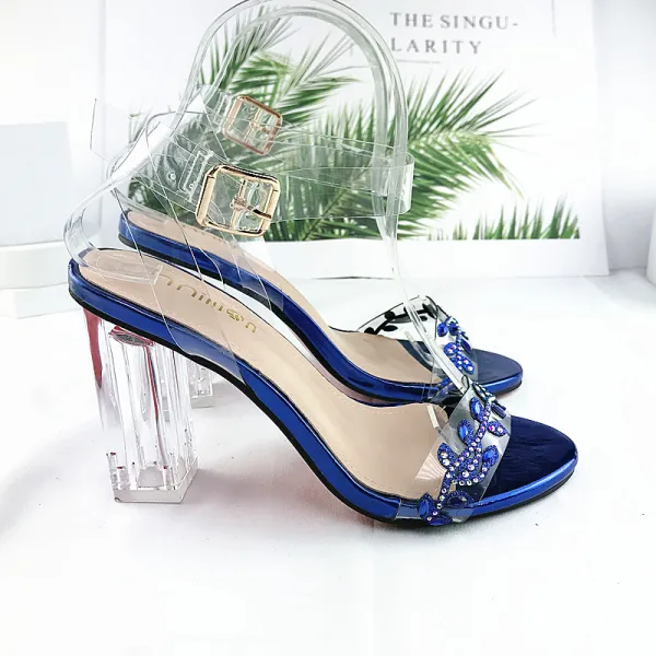Sexy Transparent Champagne Crystal Womens Sandals 2021 Street Wear Ankle Strap Rhinestone 10 cm Thick Heels Open / Peep Toe Sandals High Heels