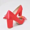 Chic / Beautiful Red Crystal Prom Pumps 2021 Leather 8 cm Thick Heels Pointed Toe Pumps High Heels