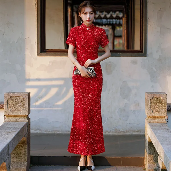Sparkly Royal Blue Sequins Evening Party Cheongsam 2021 Trumpet / Mermaid Short Sleeve Tea-length Cheongsam / Qipao