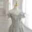 Charming Silver Beading Sequins Lace Flower Prom Dresses 2021 A-Line / Princess Off-The-Shoulder Short Sleeve Backless Floor-Length / Long Prom Formal Dresses