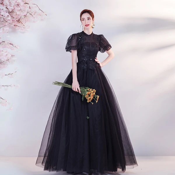 Élégant Noire En Dentelle Fleur Robe De Bal 2021 Princesse Col Haut Perle Faux Diamant Gonflée Manches Courtes Dos Nu Promo Longue Robe De Ceremonie