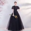 Élégant Noire En Dentelle Fleur Robe De Bal 2021 Princesse Col Haut Perle Faux Diamant Gonflée Manches Courtes Dos Nu Promo Longue Robe De Ceremonie