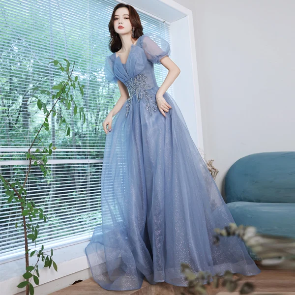 Élégant Océan Bleu Robe De Bal 2021 Princesse V-Cou Perlage Perle Paillettes Manches Courtes Longue Robe De Bal