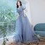 Élégant Océan Bleu Robe De Bal 2021 Princesse V-Cou Perlage Perle Paillettes Manches Courtes Longue Robe De Bal