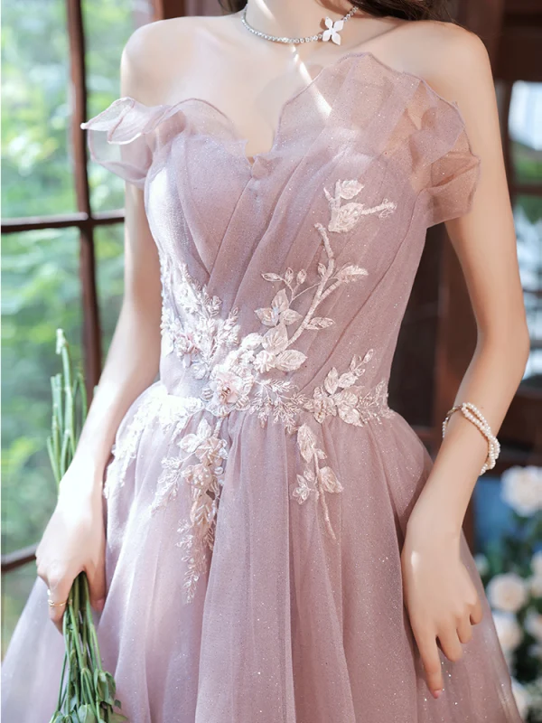 Chic / Beautiful Dusky Pink Glitter Prom Dresses 2021 A-Line / Princess Strapless Beading Sequins Lace Flower Sleeveless Backless Floor-Length / Long Formal Dresses