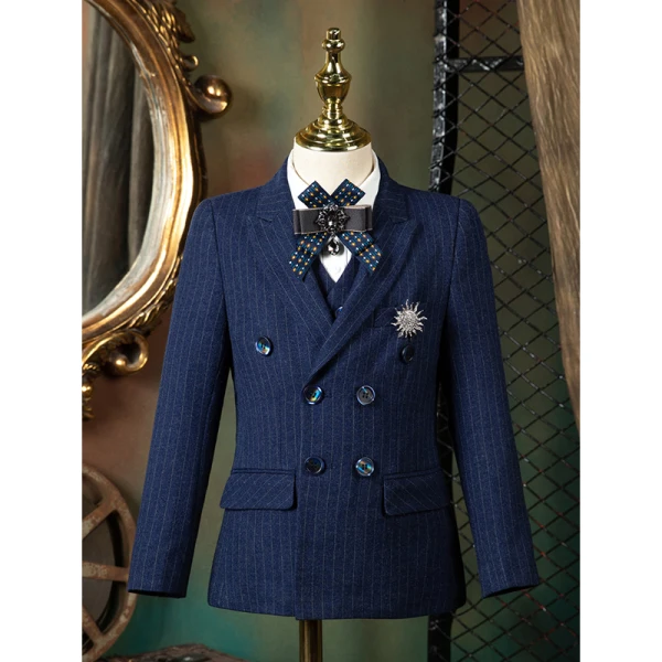Fashion Navy Blue Striped Long Sleeve Boys Wedding Suits 2021 Body Jewellery Coat Pants Shirt Tie Vest