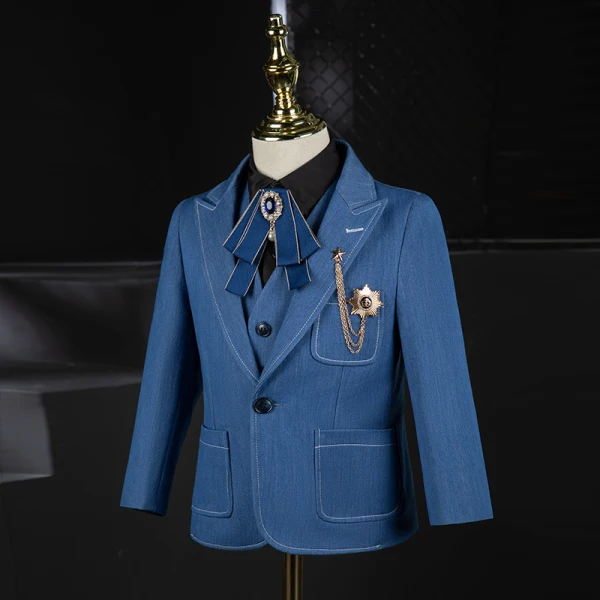 Fashion Ocean Blue Boys Wedding Suits 2021 Long Sleeve Rhinestone Bow Body Jewellery Coat Pants Shirt Vest