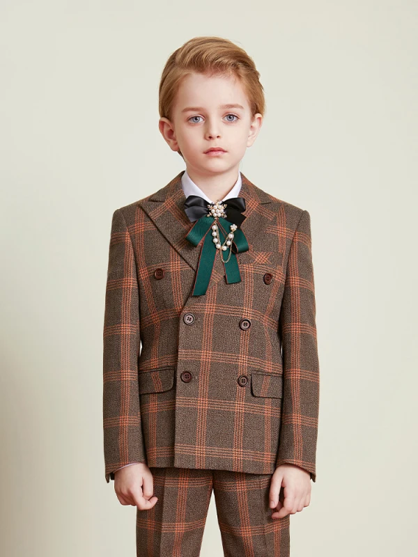 Fashion Brown Plaid Boys Wedding Suits 2021 Long Sleeve Body Jewellery Coat Pants Shirt Vest