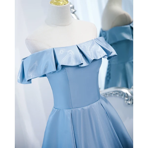 Simple Bleu Ciel Satin Robe De Bal 2021 Princesse De l'épaule Manches Courtes Longue Robe De Ceremonie
