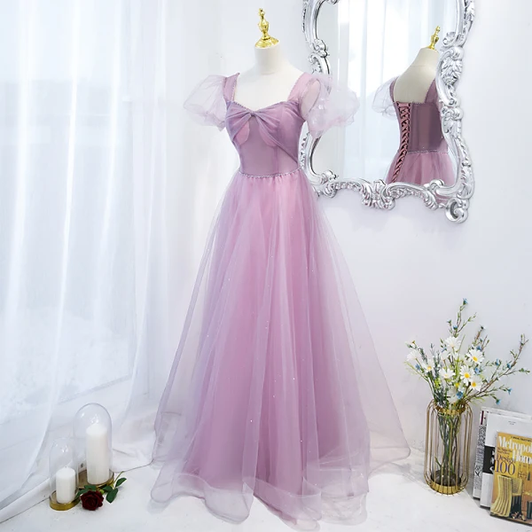 Elegant Lilac Beading Prom Dresses 2021 A-Line / Princess Square Neckline Puffy Short Sleeve Backless Floor-Length / Long Formal Dresses