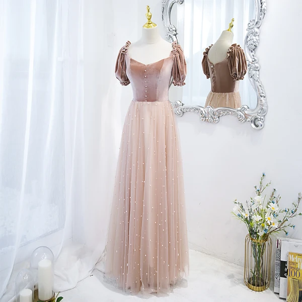 Elegant Rødmende Rosa Perle Suede Ballkjoler 2021 Prinsesse Firkantet Hals Korte Ermer Ryggløse Lange Ballkjoler
