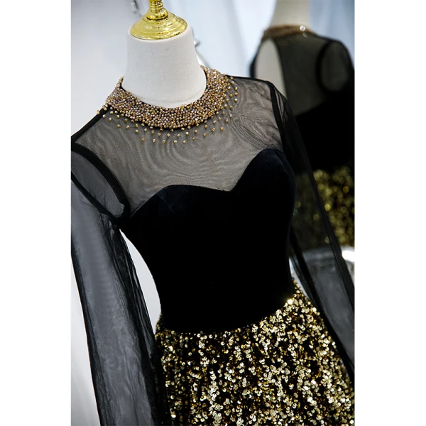 Charming Black Gold Beading Rhinestone Sequins Evening Dresses 2021 A-Line / Princess Scoop Neck Long Sleeve Floor-Length / Long Formal Dresses