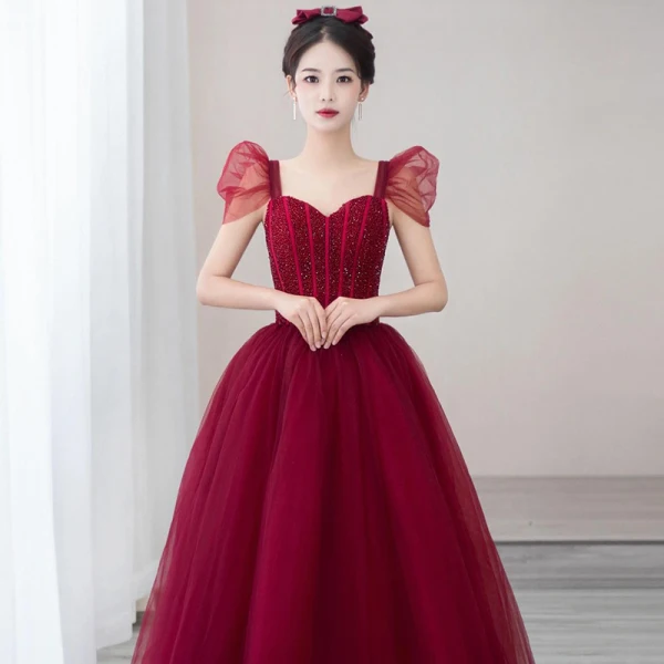 Elegant Burgundy Beading Rhinestone Prom Dresses 2021 A-Line / Princess Square Neckline Short Sleeve Backless Prom Floor-Length / Long Formal Dresses