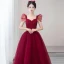Elegant Burgundy Beading Rhinestone Prom Dresses 2021 A-Line / Princess Square Neckline Short Sleeve Backless Prom Floor-Length / Long Formal Dresses