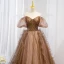 Fashion Brown Beading Sequins Rhinestone Backless Pierced Prom Dresses 2021 A-Line / Princess Off-The-Shoulder Puffy Short Sleeve Floor-Length / Long Formal Dresses
