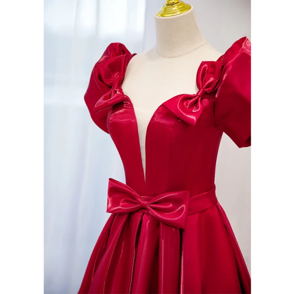 Elegant Burgundy Bow Satin Prom Dresses 2021 A-Line / Princess Square Neckline Short Sleeve Floor-Length / Long Formal Dresses
