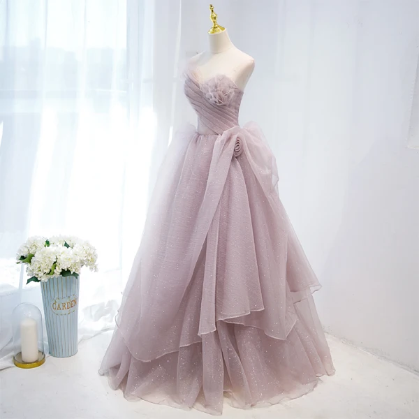 Charming Fashion Dusky Pink Cascading Ruffles Prom Dresses 2021 A-Line / Princess Strapless Sleeveless Backless Floor-Length / Long Prom Formal Dresses