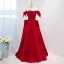Elegant Burgundy Satin Prom Dresses 2021 A-Line / Princess Off-The-Shoulder Short Sleeve Backless Floor-Length / Long Formal Dresses