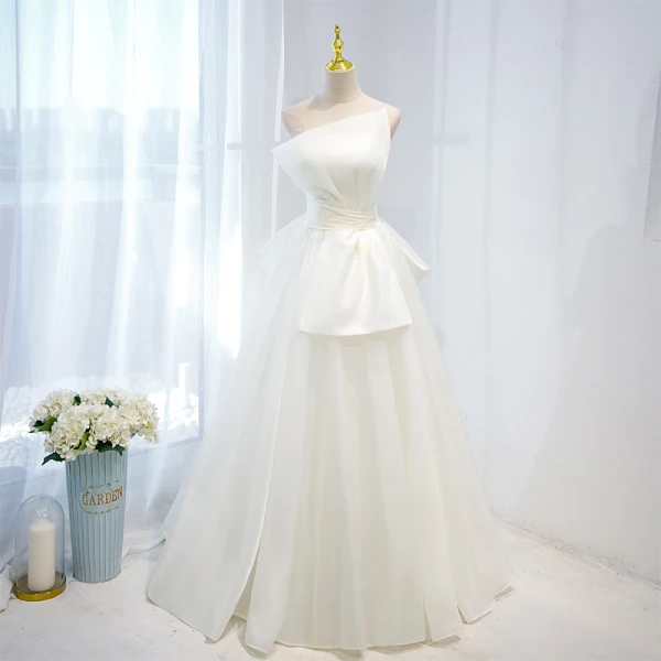 Elegant Ivory Satin Prom Dresses 2021 A-Line / Princess Strapless Sleeveless Backless Bow Prom Floor-Length / Long Formal Dresses