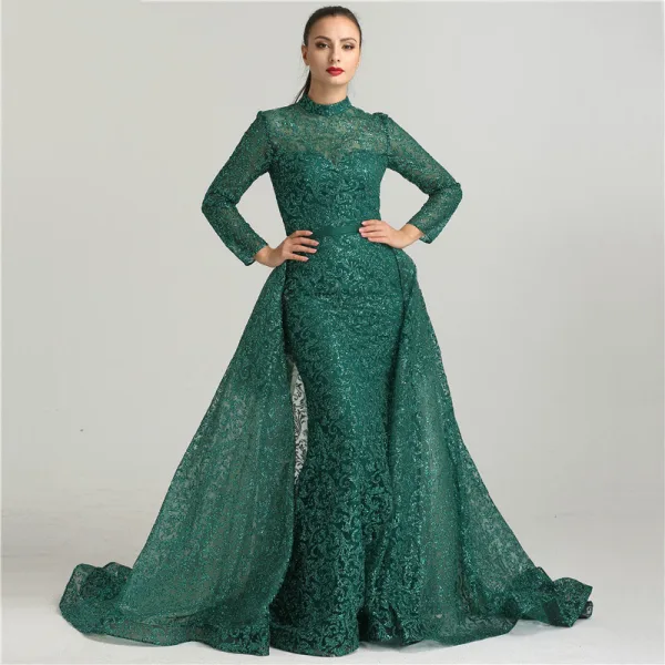 Haut de Gamme Noire Robe De Soirée 2021 Trompette / Sirène Col Haut Fait main Perlage Paillettes Ceinture Manches Longues Longue Soirée Robe De Ceremonie