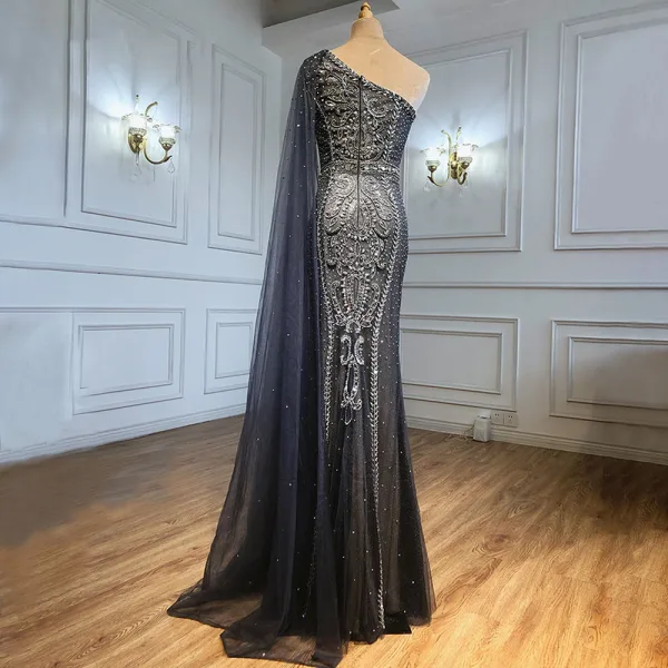 High-end Grey Beading Rhinestone Evening Dresses 2021 Trumpet / Mermaid One-Shoulder Sleeveless Backless Floor-Length / Long Evening Party Formal Dresses