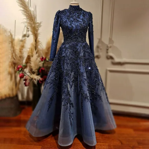 High-end Navy Blue Handmade  Beading Rhinestone Evening Dresses 2021 A-Line / Princess High Neck Long Sleeve Floor-Length / Long Evening Party Formal Dresses