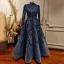 High-end Navy Blue Handmade  Beading Rhinestone Evening Dresses 2021 A-Line / Princess High Neck Long Sleeve Floor-Length / Long Evening Party Formal Dresses