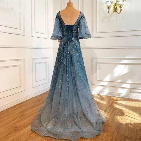 Charmant High End Meeresblau Abendkleider 2021 A Linie Rundhalsausschnitt Perlenstickerei Strass Pailletten 1/2 Ärmel Rückenfreies Stoffgürtel Lange Festliche Kleider