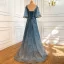 Charmant High End Meeresblau Abendkleider 2021 A Linie Rundhalsausschnitt Perlenstickerei Strass Pailletten 1/2 Ärmel Rückenfreies Stoffgürtel Lange Festliche Kleider