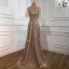 Sparkly High-end Beading Sequins Gold Evening Dresses 2021 A-Line / Princess Square Neckline Sash Short Sleeve Backless Floor-Length / Long Formal Dresses