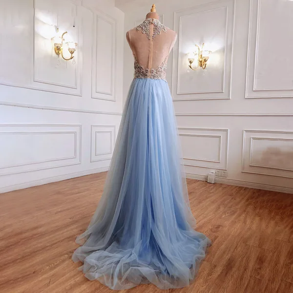 Fashion Sky Blue Beading Rhinestone Sequins Evening Dresses 2021 A-Line / Princess High Neck Sleeveless Floor-Length / Long Formal Dresses