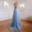 Fashion Sky Blue Beading Rhinestone Sequins Evening Dresses 2021 A-Line / Princess High Neck Sleeveless Floor-Length / Long Formal Dresses
