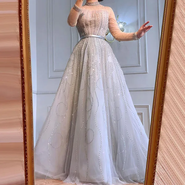 High-end Grey Beading Rhinestone Sequins Evening Dresses  2021 A-Line / Princess High Neck Long Sleeve Sash Floor-Length / Long Formal Dresses