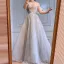 High-end Grey Beading Rhinestone Sequins Evening Dresses  2021 A-Line / Princess High Neck Long Sleeve Sash Floor-Length / Long Formal Dresses