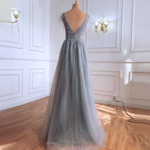 High-end Grey Sequins Evening Dresses 2021 A-Line / Princess Scoop Neck Sleeveless Backless Floor-Length / Long Formal Dresses