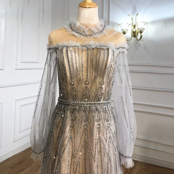 High-end Fashion Silver Evening Dresses  2021 A-Line / Princess Scoop Neck Beading Rhinestone Ruffle Long Sleeve Backless Floor-Length / Long Formal Dresses