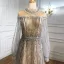 High-end Fashion Silver Evening Dresses  2021 A-Line / Princess Scoop Neck Beading Rhinestone Ruffle Long Sleeve Backless Floor-Length / Long Formal Dresses