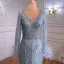 High-end Charming Sky Blue Evening Dresses 2021 Trumpet / Mermaid V-Neck Beading Rhinestone Long Sleeve Tassel Evening Party Floor-Length / Long Formal Dresses
