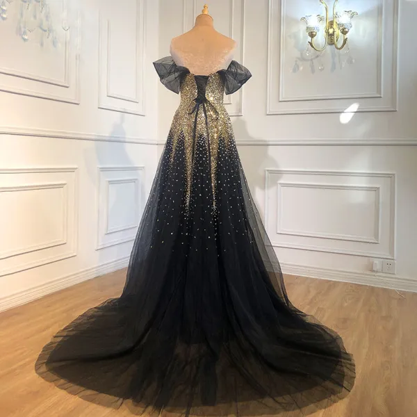 Sparkly Black Gold Starry Sky Beading Sequins Evening Dresses 2021 A ...