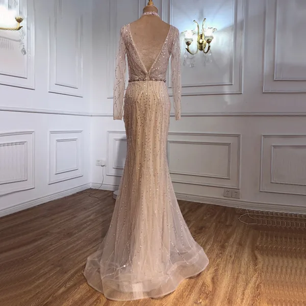 Haut de Gamme Doré Perlage Faux Diamant Paillettes Robe De Soirée 2021 Trompette / Sirène V-Cou Manches Longues Dos Nu Longue Soirée Robe De Ceremonie