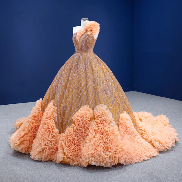 Luxury / Gorgeous Orange Beading Rhinestone Sequins Ruffle Wedding Dresses 2021 Ball Gown One-Shoulder Sleeveless Backless Floor-Length / Long Wedding