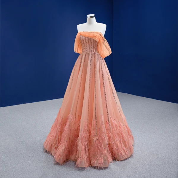 High-end Pearl Pink Beading Rhinestone Sequins Prom Dresses 2021 A-Line / Princess Off-The-Shoulder Short Sleeve Backless Prom Floor-Length / Long Formal Dresses