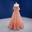 High-end Pearl Pink Beading Rhinestone Sequins Prom Dresses 2021 A-Line / Princess Off-The-Shoulder Short Sleeve Backless Prom Floor-Length / Long Formal Dresses