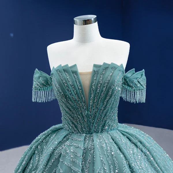Charmant Vert Citron Perlage Gland Faux Diamant Paillettes Robe De Bal 2021 Robe Boule De l'épaule Manches Courtes Dos Nu Chapel Train Robe De Ceremonie