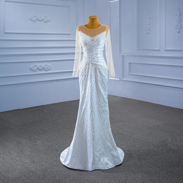 High-end White Beading Pearl Wedding Dresses 2021 Trumpet / Mermaid Scoop Neck Long Sleeve Backless Royal Train Wedding
